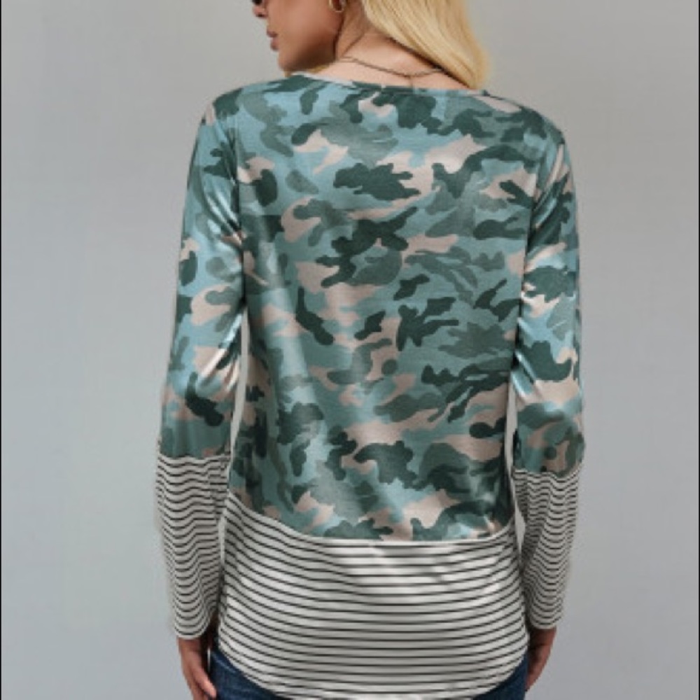 Camo Stripe Pocket Sequins Long Sleeve O-neck Top - Picture 3 of 5